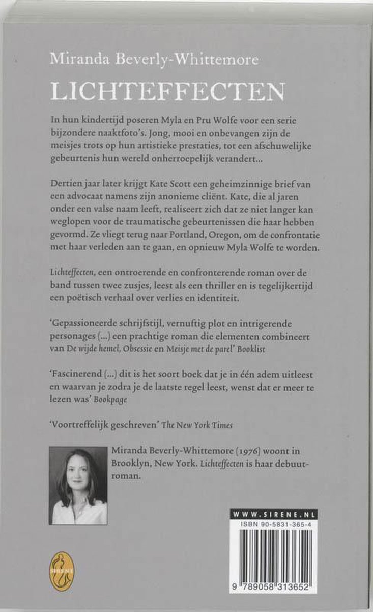 Achterkant van het boek 'Lichteffecten' van Miranda Beverly-Whittemore met een portretfoto van de auteur.