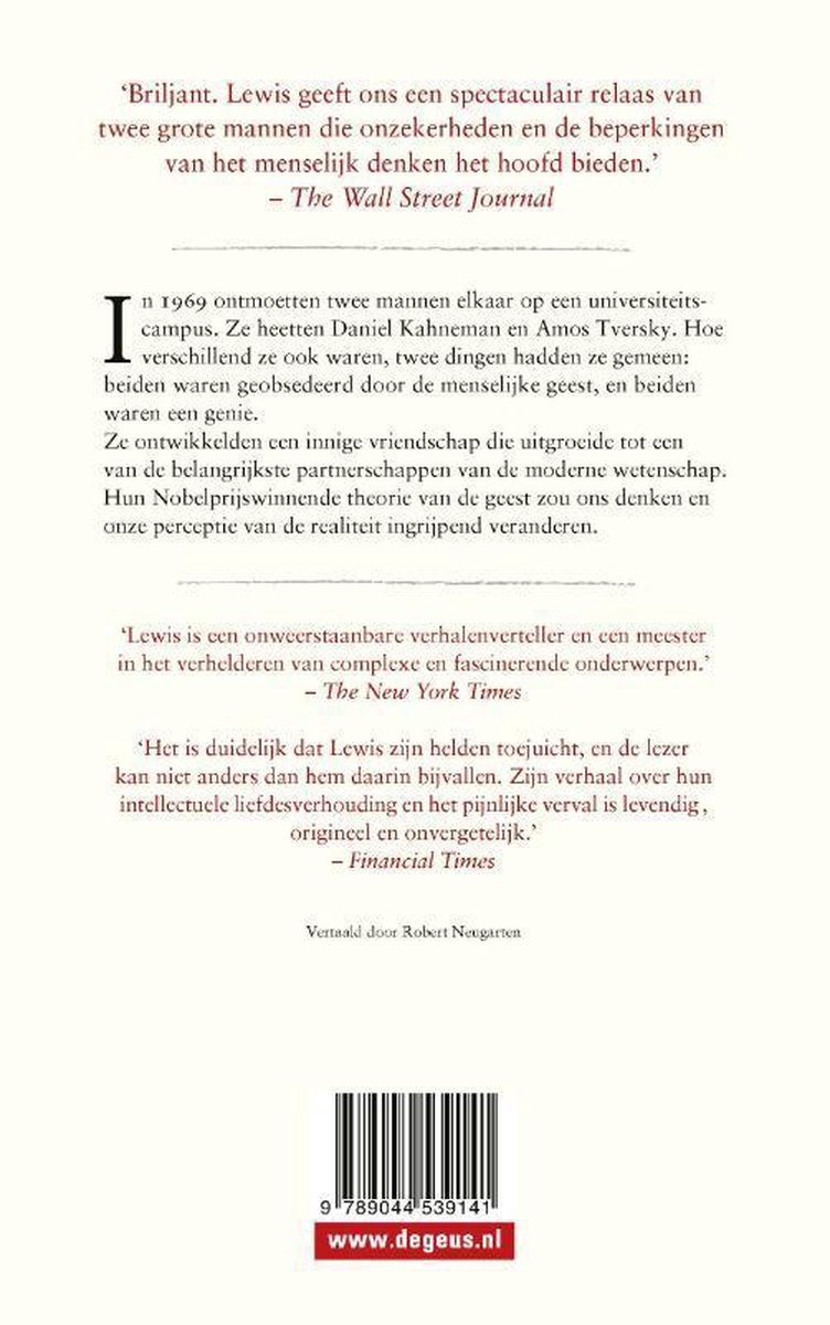Achterkant van 'Twee breinen' met recensies en barcode. Tekst: 'Briljant. Lewis geeft ons een spectaculair relaas van twee grote mannen die onzerzijds denken.'