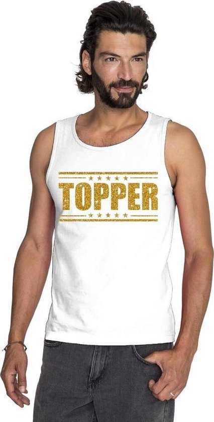 Toppers Wit Topper mouwloos shirt/ tanktop in gouden glitter letters heren - Toppers dresscode kleding L