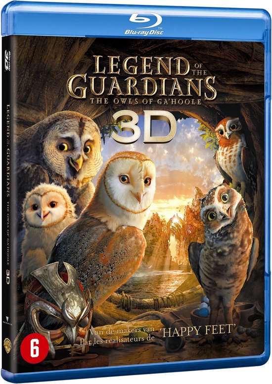De 3D Blu-ray cover van 'Legend of the Guardians: The Owls of Ga'Hoole', met vijf uilen en een helm.