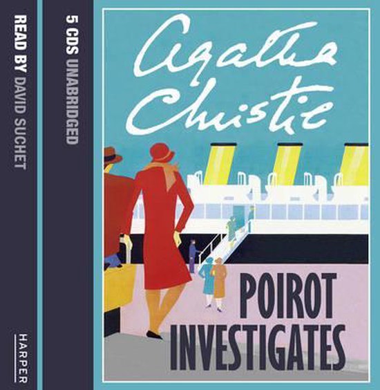 Luisterboek 'Poirot Investigates' door Agatha Christie, voorgelezen door David Suchet, met retro illustratie van een schip.