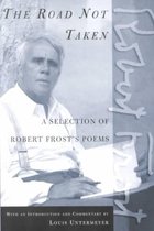 Boekomslag van 'The Road Not Taken' met een portret van Robert Frost.