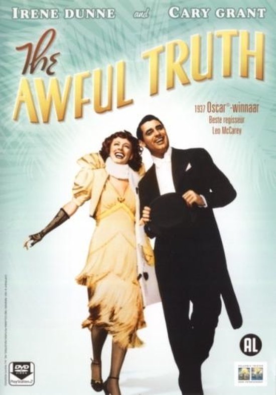 Irene Dunne en Cary Grant in The Awful Truth. Dunne draagt een gele jurk met pofmouwen, Grant een smoking met hoge hoed.
