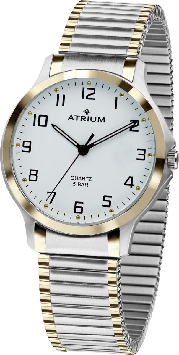 ATRIUM Horloge - Dames - Zilver & Goud - Analoog - 5 bar Waterdicht - Flexibele maat door Edelstalen Rekband - Edelstalen horlogekast - Duidelijk - Mineraalglas - Quartz Uurwerk - A13-64