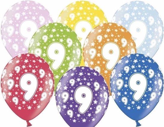 6x stuks ballonnen 9 jaar thema met sterretjes - Leeftijd feestartikelen en versiering