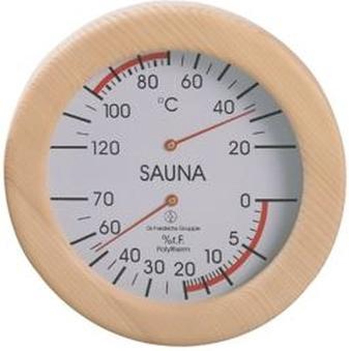 'SaunaPoolcare' Sauna Thermometer Hygrometer - rond - luxe houten omlijsting (Ø19cm) - Finnsa
