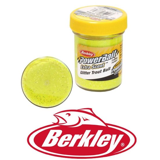 Pot Berkley PowerBait Glitter Trout Bait in de kleur Glitter Sunshine Yellow. De deeg is glinsterend geel met witte glitterdeeltjes.