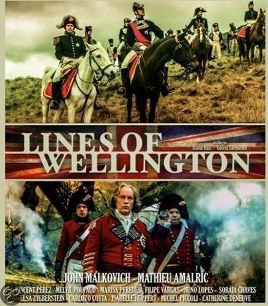 Filmcover voor 'Lines of Wellington' met ruiters in militaire uniformen en scènes uit de film met acteurs in historische kledij.