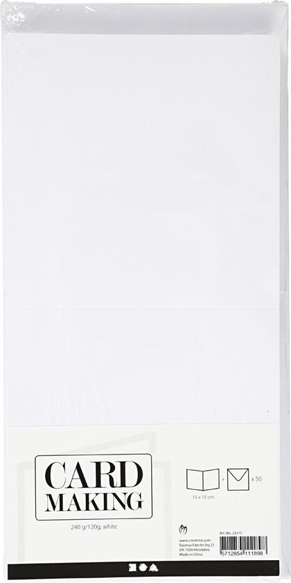 Kaarten en enveloppen, afmeting kaart 15x15 cm, afmeting envelop 16x16 cm, 50 sets, wit - Creotime