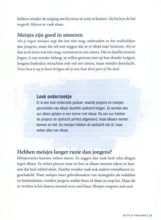 Tekstpagina met de vraag 'Hebben meisjes langer ruzie dan jongens?' en een onderzoek.