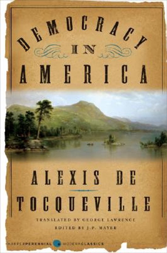 Boekomslag van 'Democracy in America' door Alexis de Tocqueville, met een schilderij van een meer en bergen.