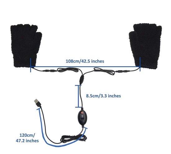 Verwarmde handschoenen zonder vingertoppen – te verwarmen doormiddel van USB-kabel – voorzien van carbon warmte element - zwart - ObboMed MH-1000 -