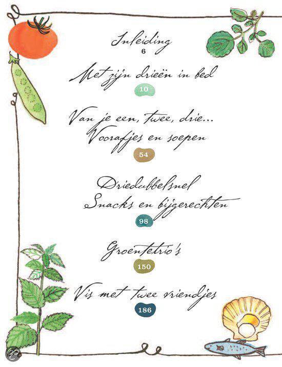 Pagina met inhoudsopgave, illustraties van tomaat, peul, plantjes, schelp en vis.