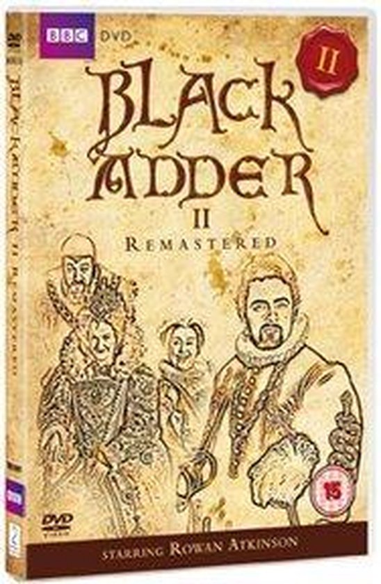 DVD-hoes van Blackadder II met de cast in historische kledij en de titel 'Blackadder II Remastered'.