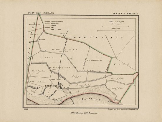 Historische kaart, plattegrond van gemeente Kortgene in Zeeland uit 1867 door Kuyper van Kaartcadeau.com