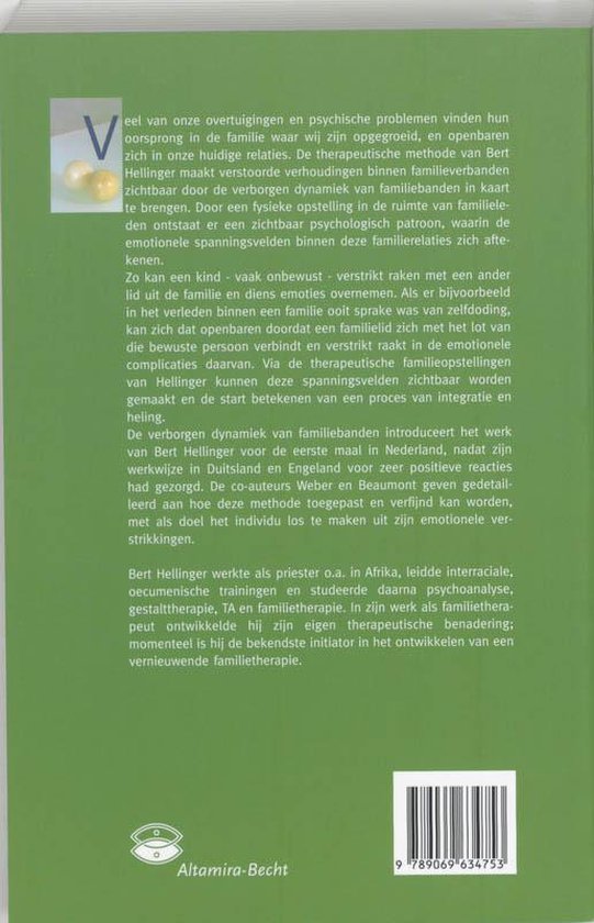 Achterkant van het boek 'De verborgen dynamiek van familiebanden' door Bert Hellinger, met tekst en een afbeelding van twee gele bollen.