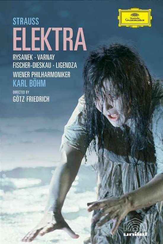 "Elektra" van Strauss: cover met een vrouw in een wit, gescheurd gewaad, met donker, warrig haar en een angstige uitdrukking.