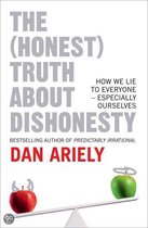Boekomslag: 'The (Honest) Truth About Dishonesty' door Dan Ariely, met een rode appel met duivelshoorntjes en een groene appel met een engelenhalo op een weegschaal.