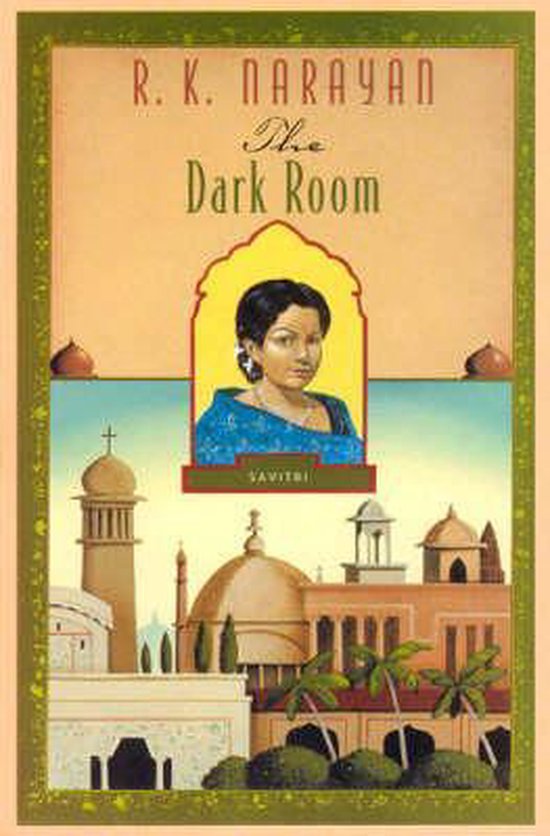 Boek 'The Dark Room' van R. K. Narayan met een illustratie van een vrouw en Indiase architectuur.