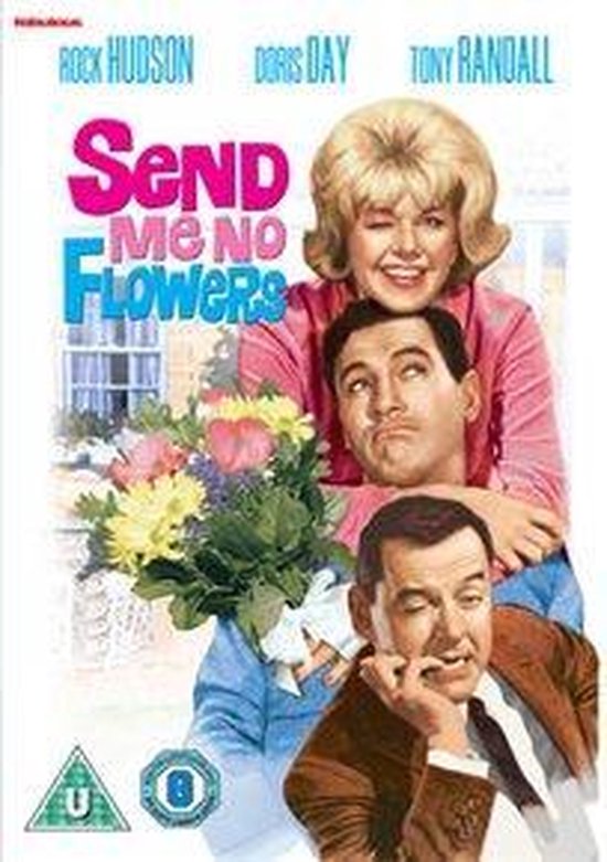 Filmcover 'Send Me No Flowers' met Doris Day, Rock Hudson en Tony Randall. Doris Day houdt een boeket bloemen vast.