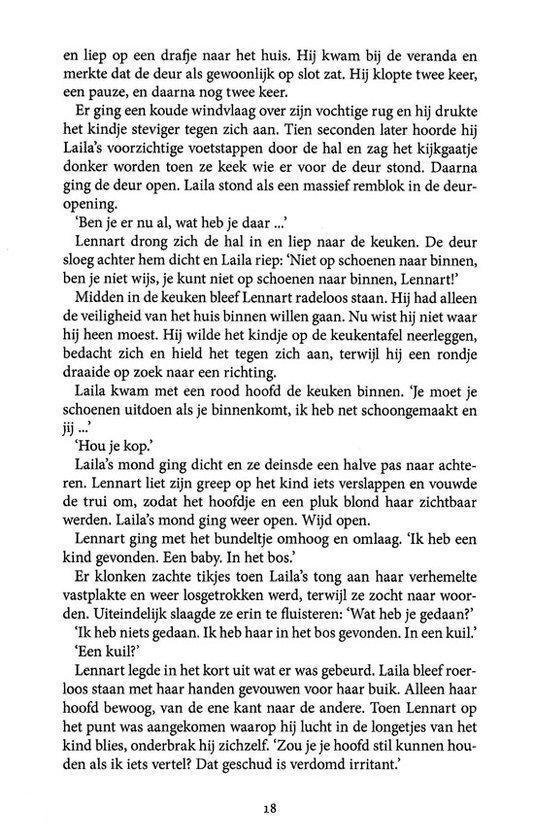 Boekpagina 18. Tekst over een huis, een baby en een gesprek.