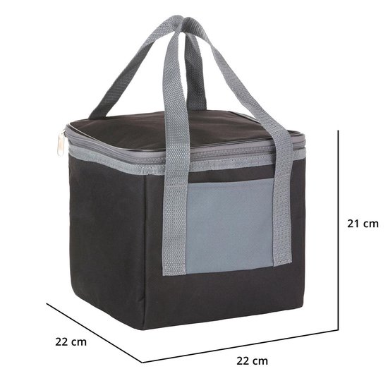 Zwarte en grijze koeltas van 22x22x21 cm met grijze hengsels en een grijs vakje aan de voorkant.