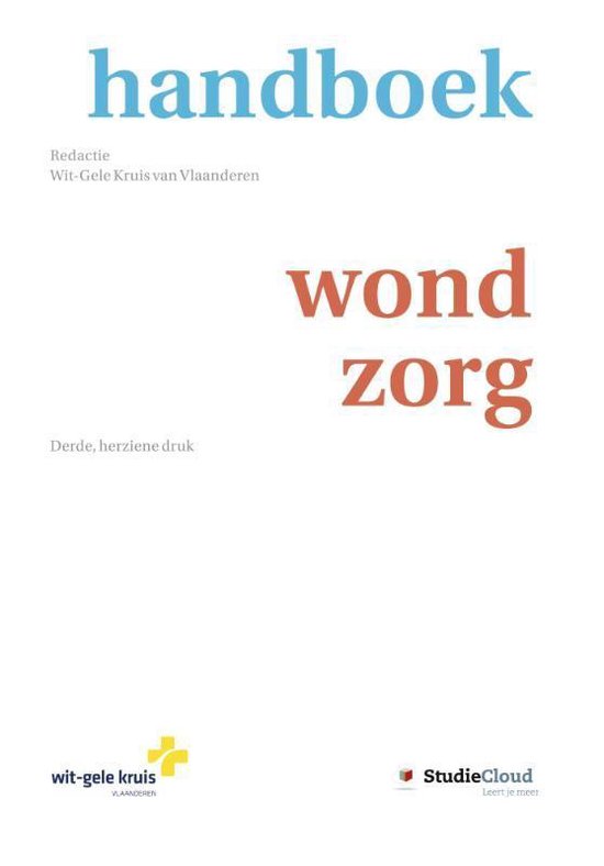 Boek 'handboek wondzorg', derde herziene druk. Rode en blauwe tekst op witte achtergrond.