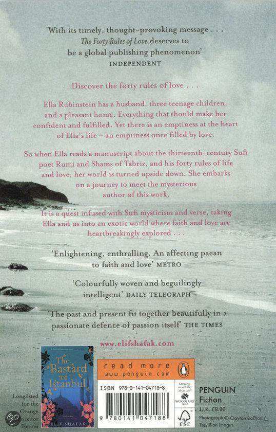 Achterkant van het boek 'The Forty Rules of Love' met tekst en een kustlandschap.