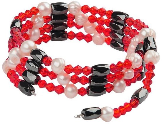 Zoetwater parel armband Pearl Red Crystal Magnetite Wrap - echte parels - magnetiet - wit - zwart - rood - wikkelarmband
