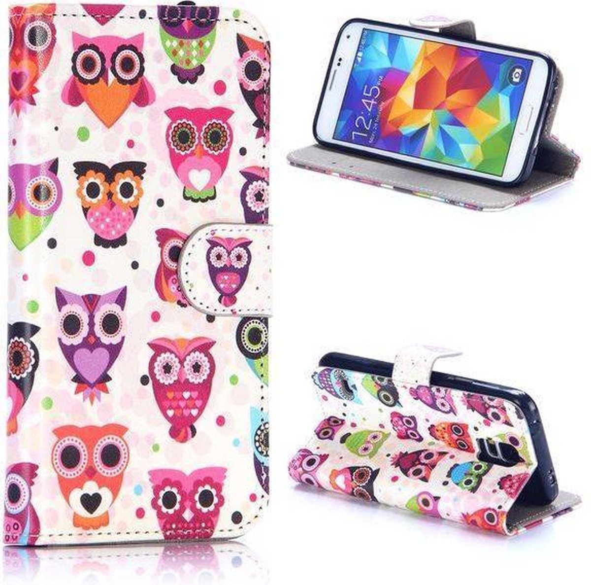 Schattige en Kleurrijke Uiltjes Bookcase Hoesje Samsung Galaxy S5