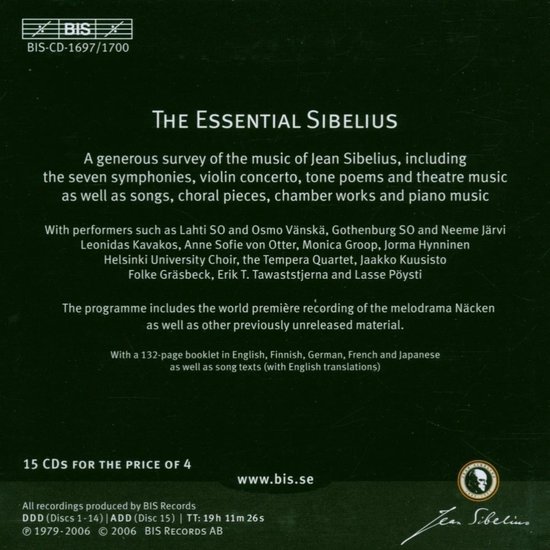 Albumhoes met de titel 'THE ESSENTIAL SIBELIUS', 15 CD's, www.bis.se, BIS Records.
