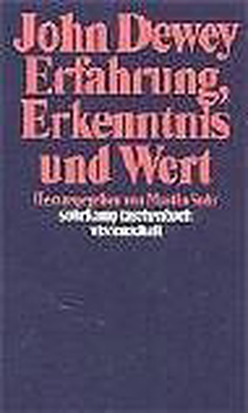 Boek met de titel "Erfahrung, Erkenntnis und Wert" van John Dewey in rode letters op een donkerblauwe achtergrond.