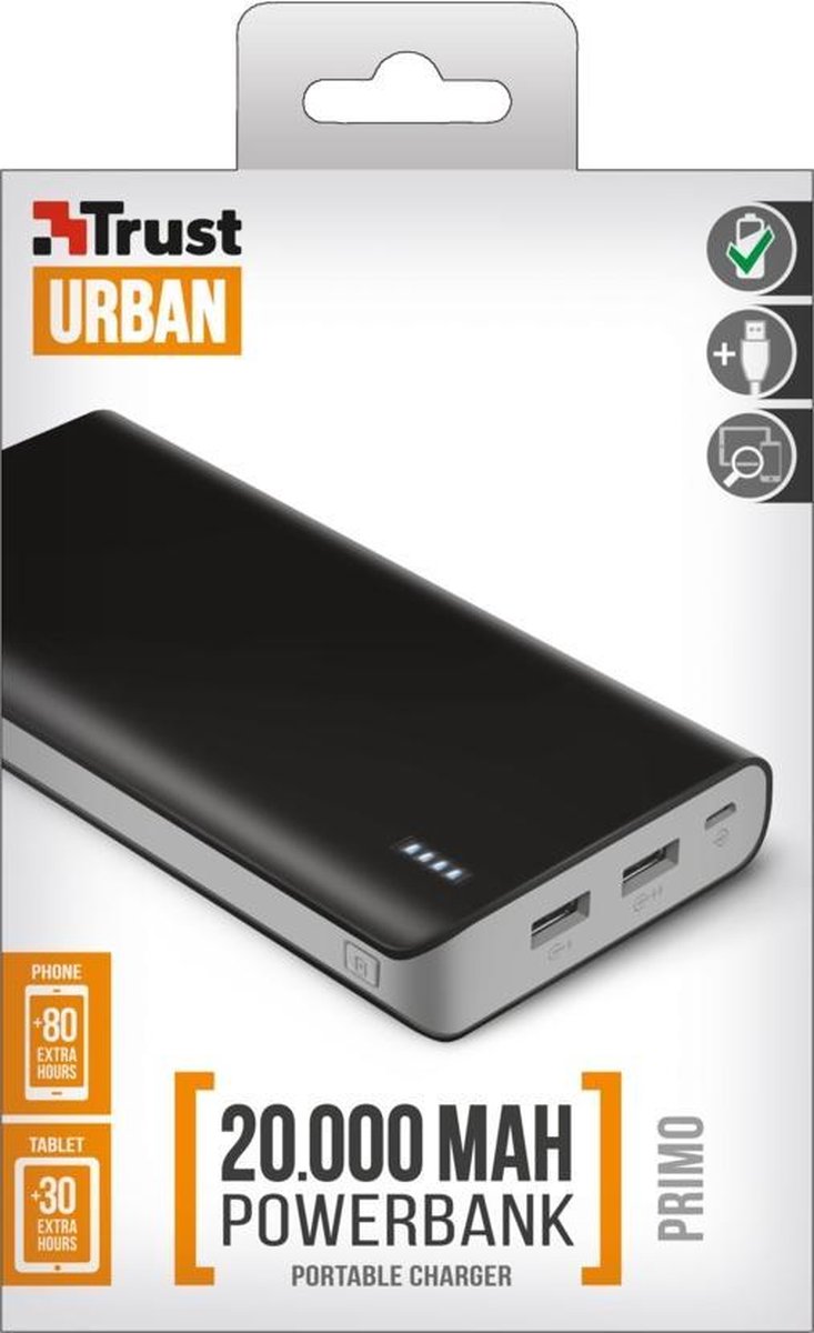 Trust Mobile Primo - Powerbank - 20.000 mAh - 2x USB - Zwart | bol.com