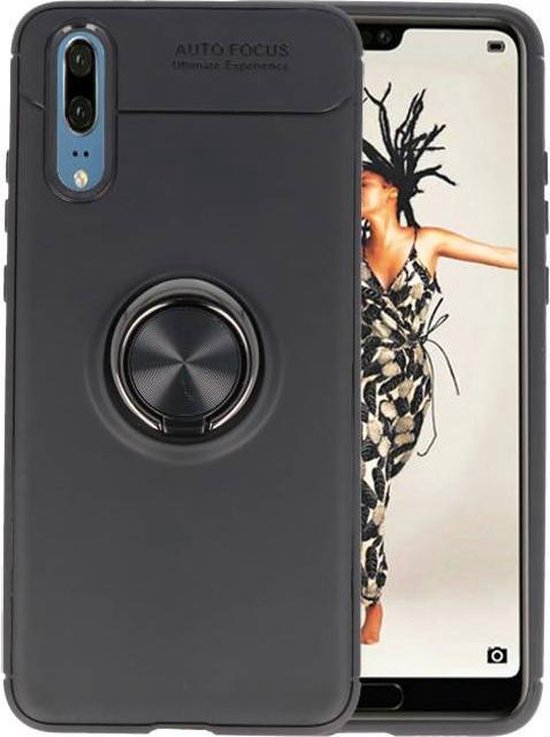 Softcase Telefoonhoesje - Geschikt voor Huawei P20 Hoesje met Ring Houder Zwart