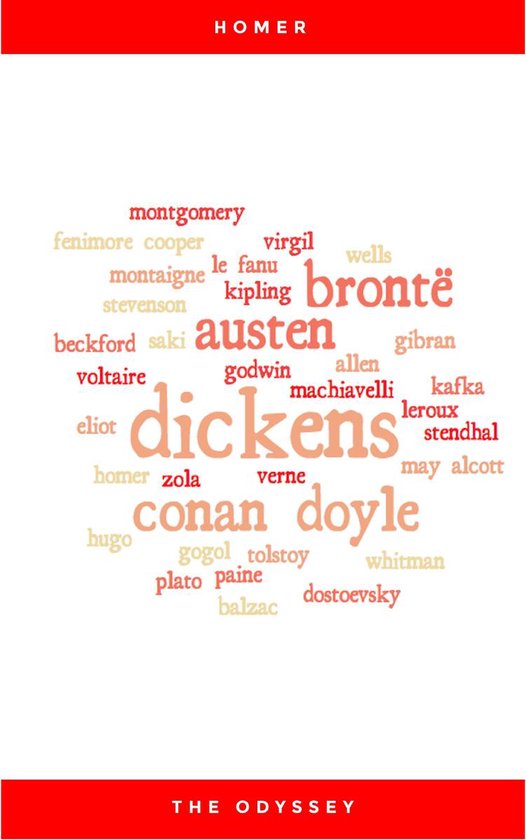 Livre "The Odyssey" avec un nuage de mots de noms d'auteurs dans des tons rouge, orange et jaune sur fond blanc, avec "HOMER" en haut et "THE ODYSSEY" en bas.