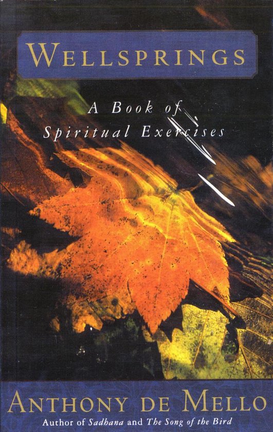 Boekomslag van Wellsprings: A Book of Spiritual Exercises door Anthony de Mello, met een herfstblad op de voorgrond.