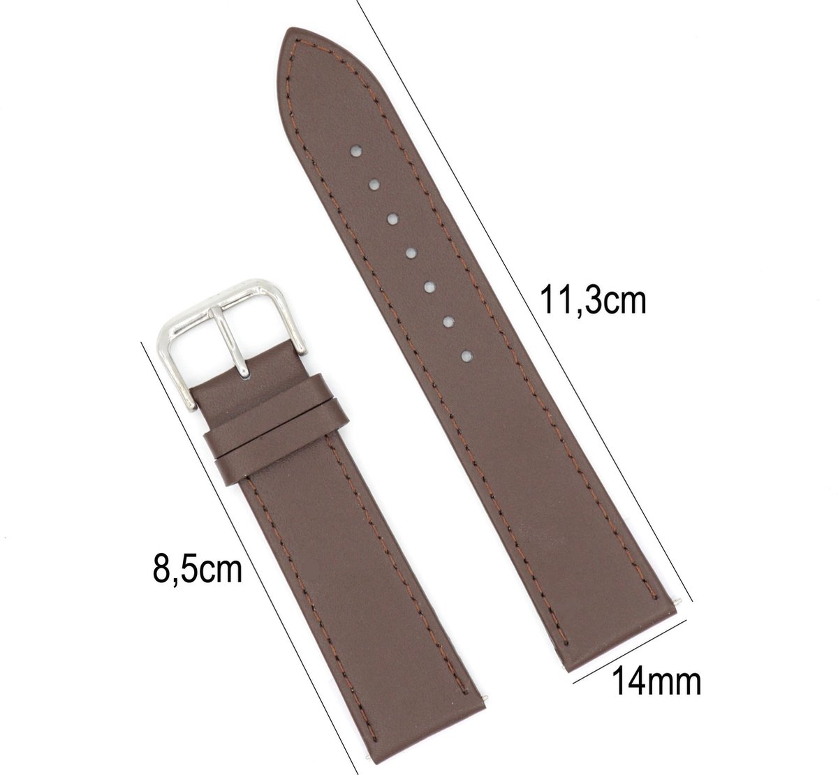 Horlogeband Leer- 14mm Aanzetmaat - Horlogebandje met Naad + Push Pin - Donkerbruin - Sarzor - Sarzor