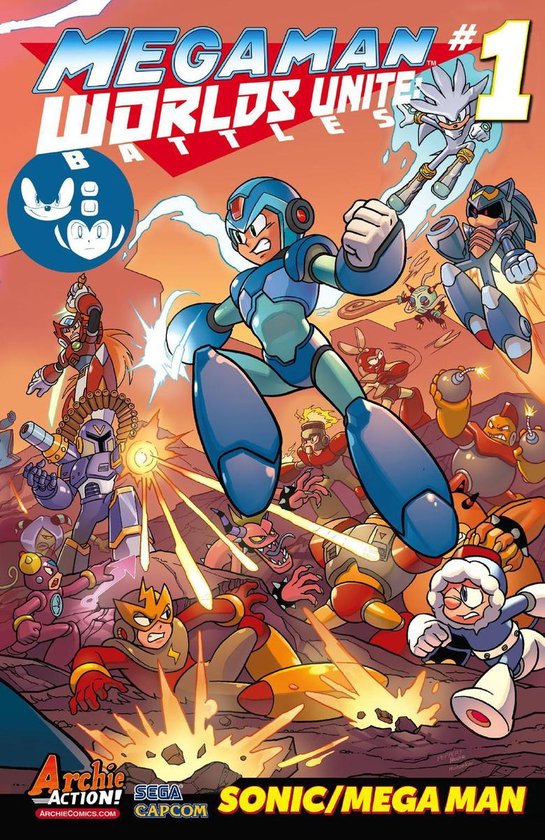 Stripboekomslag met Megaman en Sonic, strijdend tegen vijanden. Titel: MEGAMAN WORLDS UNITE #1.