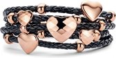 Silventi 980100504 Leren armband - met stalen elementen - Zwart en Rosekleurig