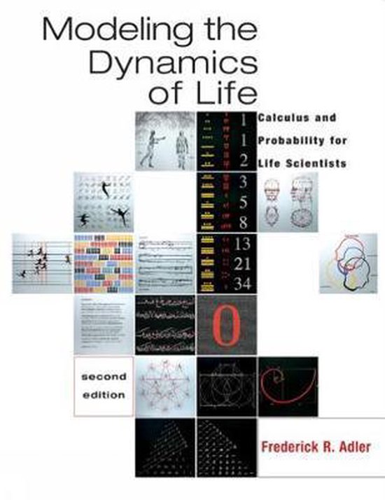 Boekomslag getiteld 'Modeling the Dynamics of Life', tweede editie, met een collage van wiskundige figuren en patronen.