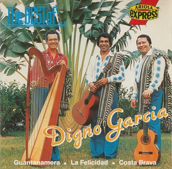 Digno Garcia met harp en gitaren, "The BEST of..." albumhoes met Ariola Express.