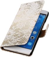 Huawei Honor 6 Plus Lace Kant Booktype Wallet Cover Wit - Cover Case Hoes