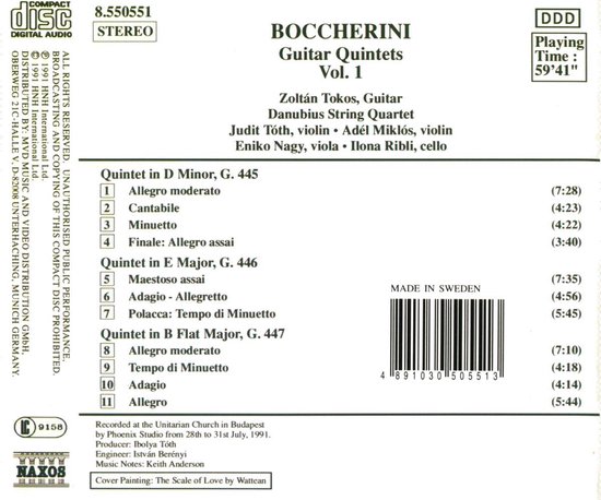 CD-hoes met tracklist voor Boccherini: Gitaarkwintetten, Vol. 1. Opnamegegevens en barcode.