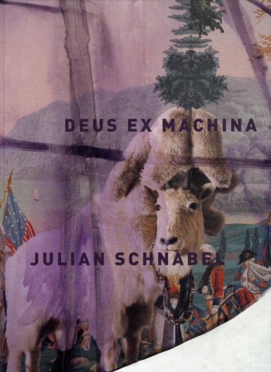 Deus Ex Machina Julian Schnabel: geit met bontmuts voor schilderij van bomen en strijdtafereel.