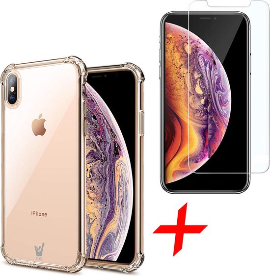 Hoesje geschikt voor iPhone XS Max - Anti Shock Proof Siliconen Back Cover Case Hoes Transparant - Tempered Glass Screenprotector