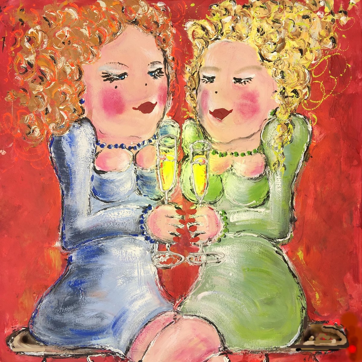 Canvas print Drinking white wine in the yellow sun