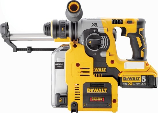 Gele SDS-Plus boorhamer van DeWalt met HEPA-filter en 18V XR-accu.