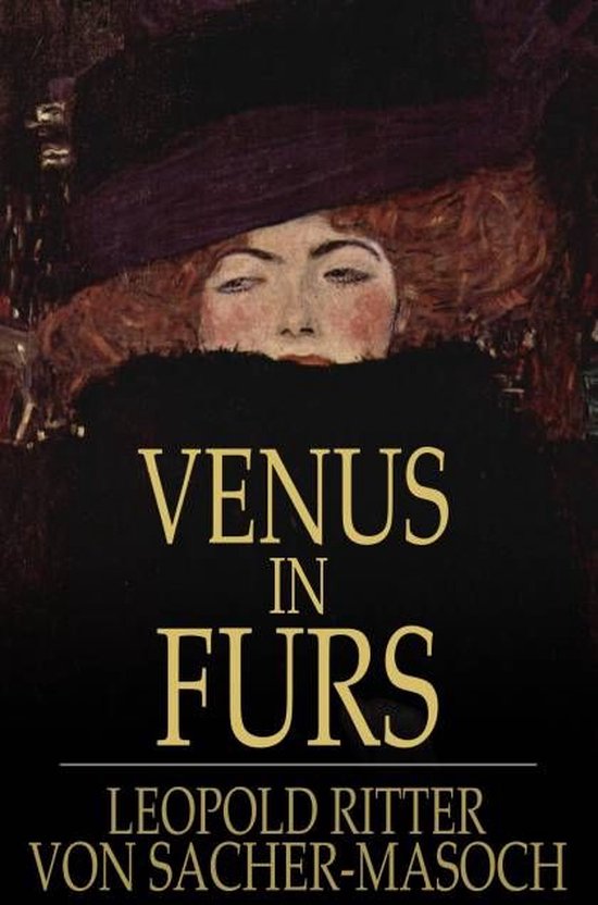 Boekomslag van 'Venus in Furs' met een schilderij van een vrouw met een paarse hoed en een bontkraag.