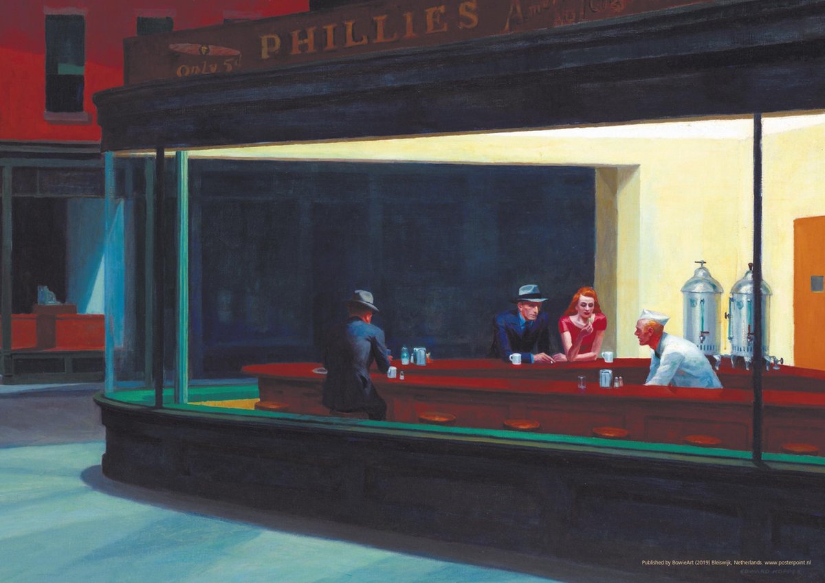 Posterpoint Edward Hopper poster - Café Nighthawks - Kunst - luxe papier - 50 x 70 cm rood