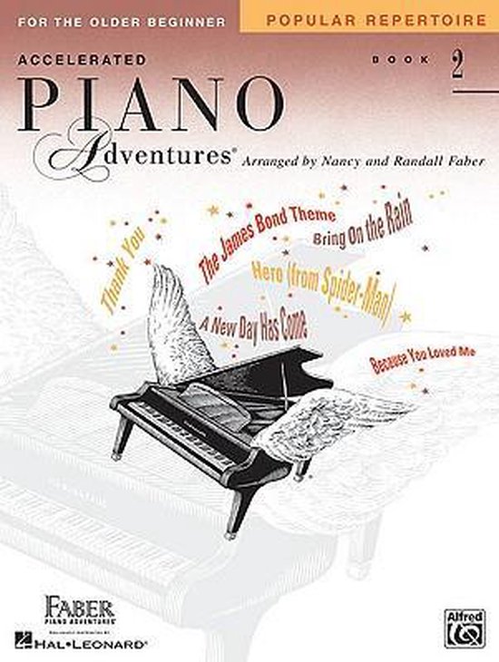Livre "Accelerated Piano Adventures Book 2" avec des ailes, un piano et des partitions, pour jeunes débutants.